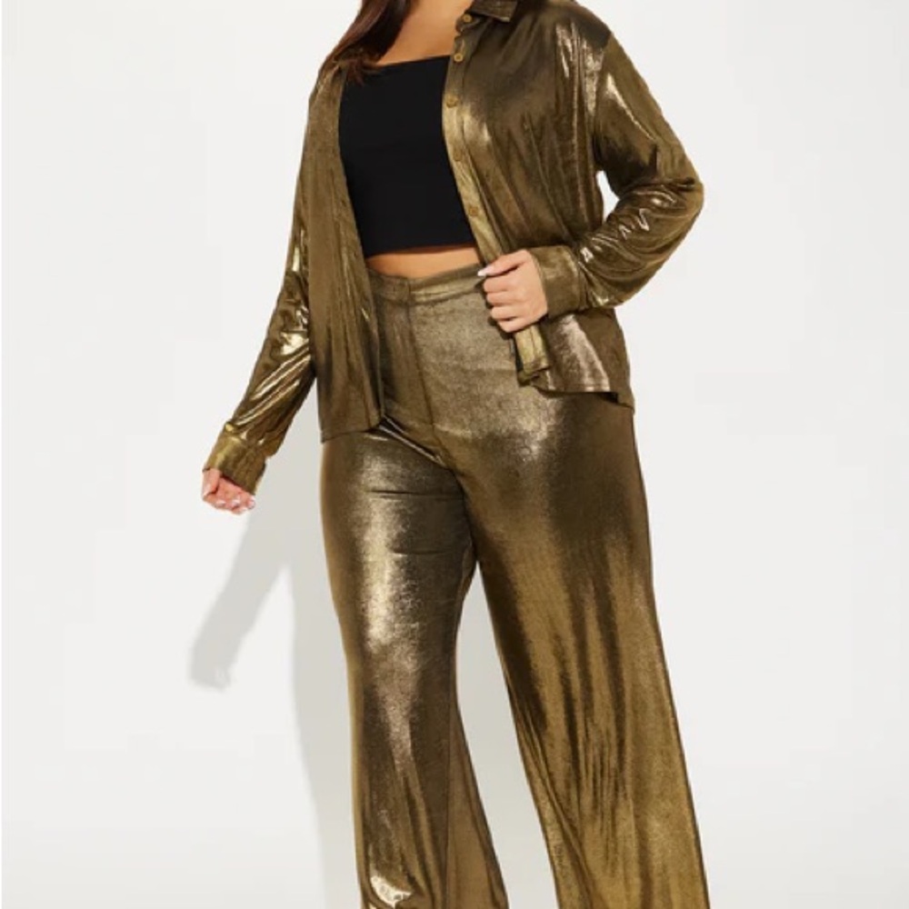 Fashion Nova Iris Metallic Pant set Gold size 3XL